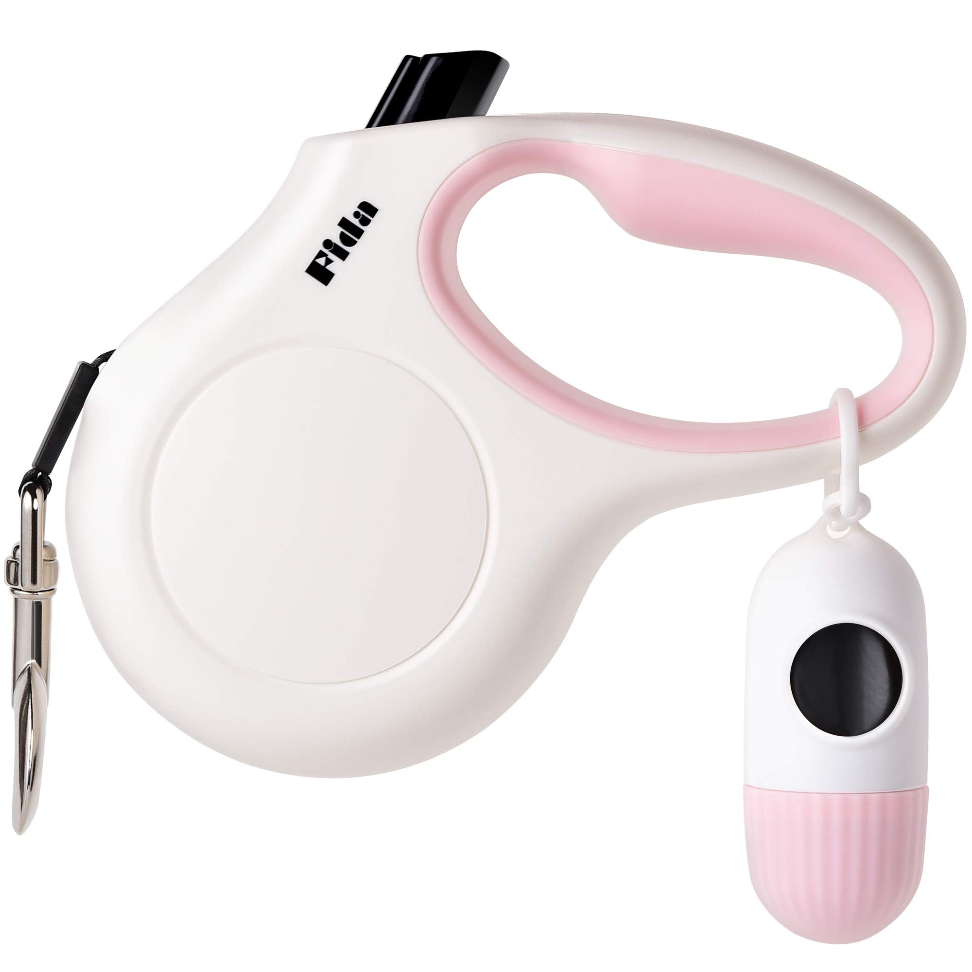 Fida Retractable Dog Leash With Dispenser And Poop Bags, 16 Ft Pet Walking Leash For Medium Dog Or Cat Up To 44 Lbs, Anti-Slip Handle, Tangle Free, Reflective Nylon Tape (M, White)