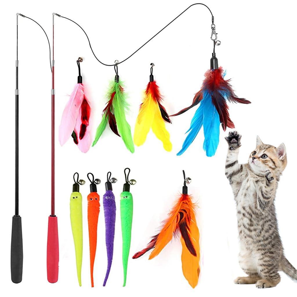 Qpets Cat Teaser Toy,11 Pcs Cats Toys Set With 2 Retractable Teaser Wand & 5 Feather Teaser & 4 Worm Teaser For Kitten To Play C