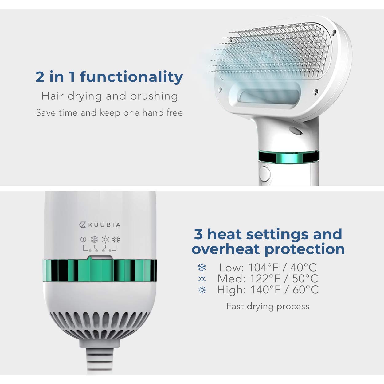 Dog Hair Dryer For Dogs & Cats | Portable And Quiet 2 In 1 Pet Hair Dryer With Self Cleaning Slicker Brush | Cat & Dog Blower Grooming Dryer | Professional Pet Blow Dryer | Adjustable Temperature