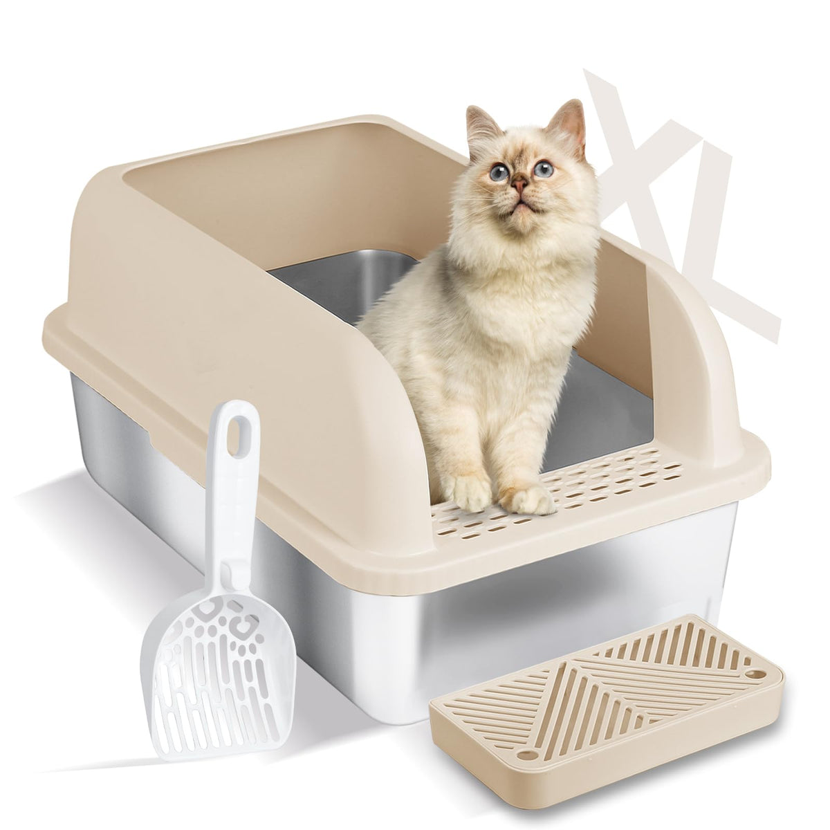 8'' Deep Stainless Steel Litter Box - 49L Capacity, Extra Large High Sided Cat Litter Box With Lid, Easy Clean