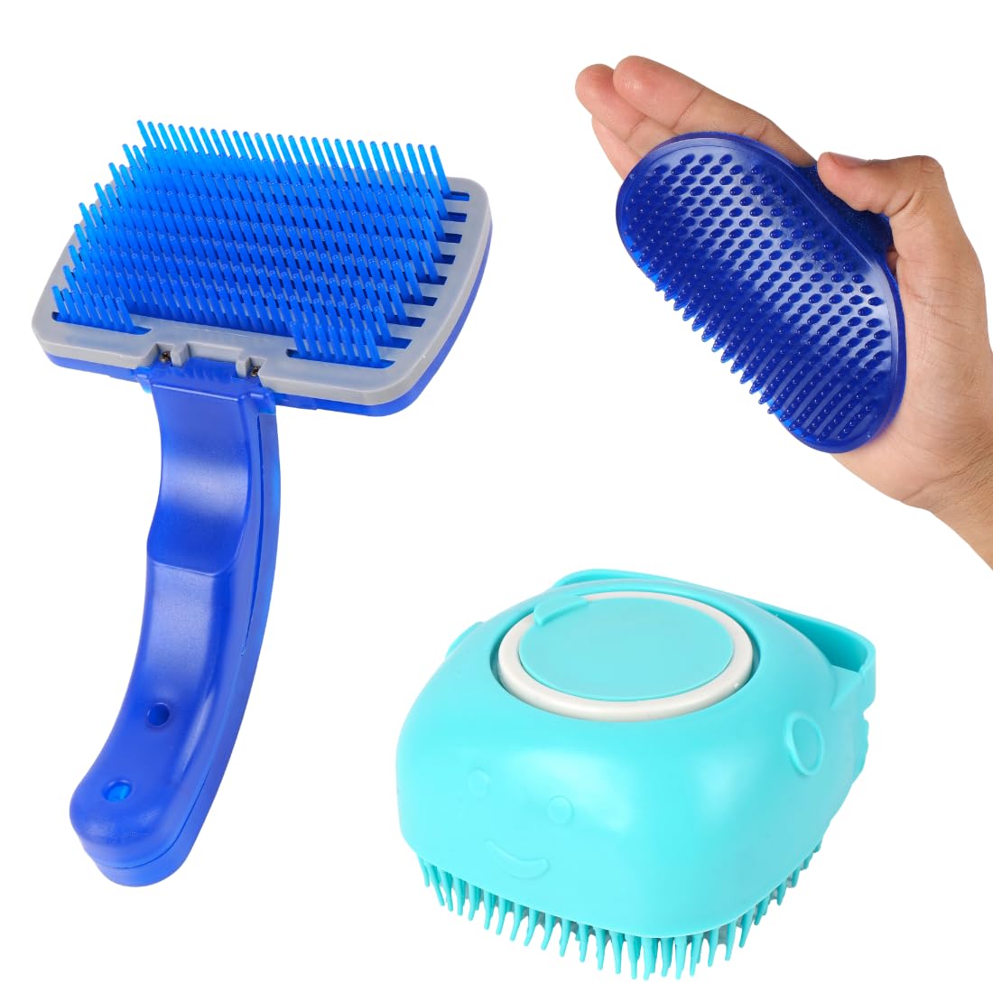 Pet Grooming Brush Set, 3Pack Professional Dog Brushes with Soft Silicone Bristles, Blue and Turquoise SelfCleaning Design for