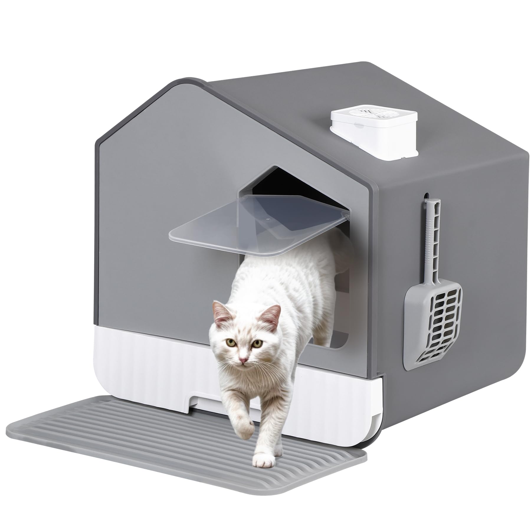 Extra Large Enclosed Cat Litter Box With Mat And Litter Scoop, Odorless Toilet Anti-Splashing Kitty Litter Pan Covered Hooded Ca