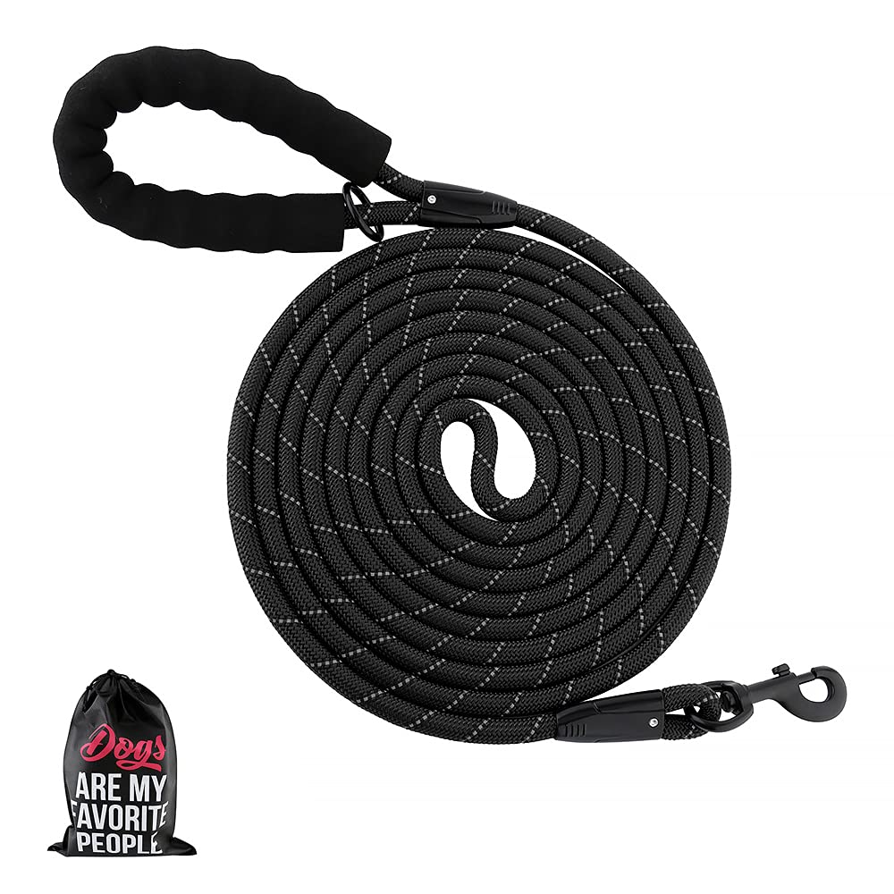 Plutus Pet Long Rope Dog Leash, With Comfortable Padded Handle, Reflective Nylon Heavy Duty Rope Leash, 15Ft 20Ft 30Ft 50Ft 66Ft Dog Training Leash For Small Medium Large Dogs (66Ft, Black)