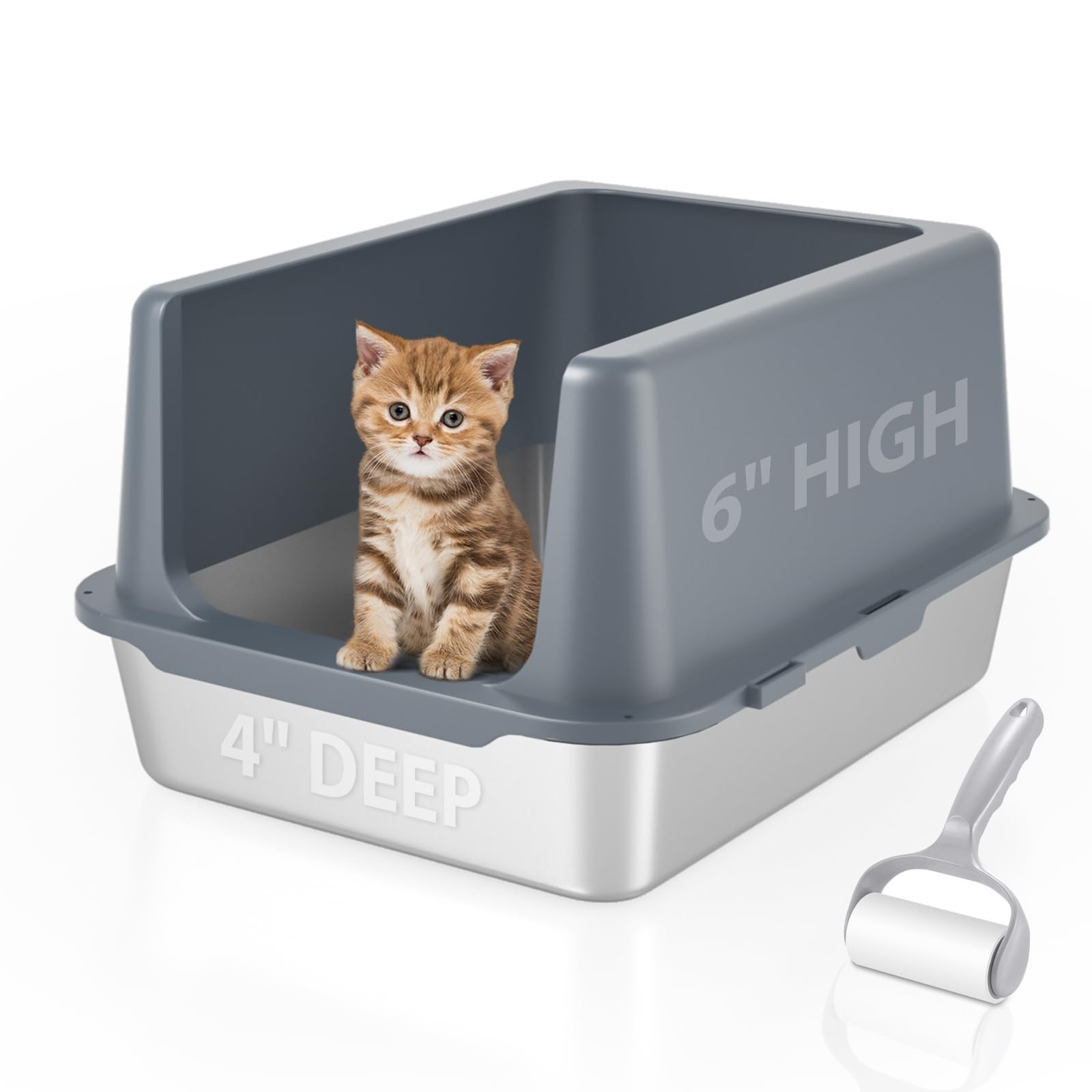 Lihoooom Litter Box With Lid, Stainless Steel Litter Box, 10'' Metal Litter Tray High Sides, Small Litter Pan For Kittens, Enclo