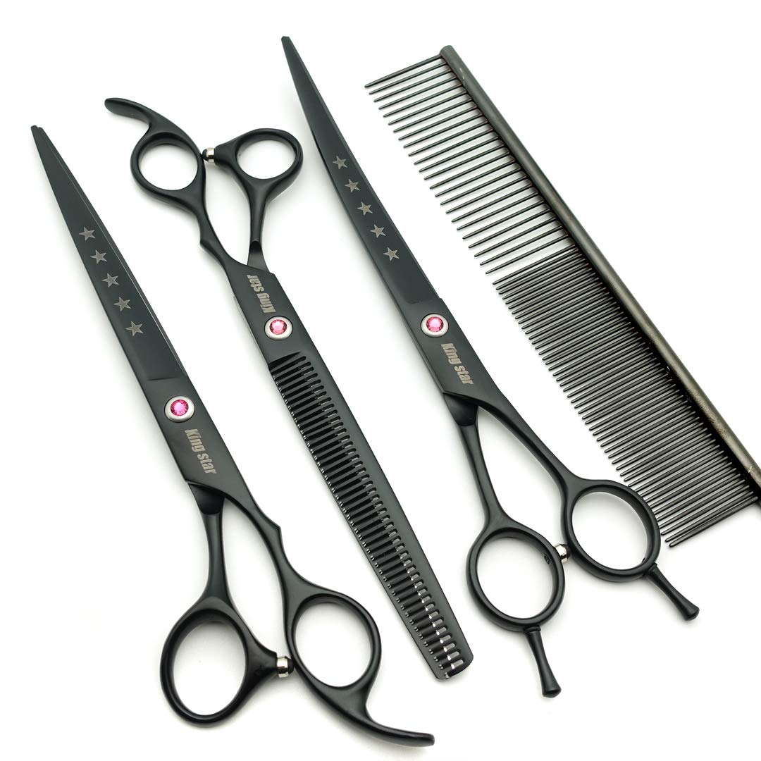 Kingstar 8.0In. Matt Black Professional Pet Grooming Scissors Set,Straight & Thinning & Curved Scissors Set With Comb,Dog Grooming,A559