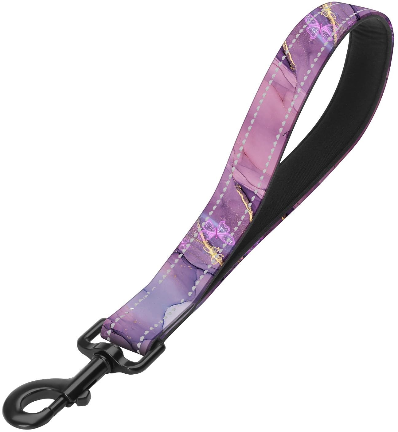 Purple Butterfly Nylon Short Dog Leash For Training Control - Reflective, Padded Handle - Medium & Large Dogs