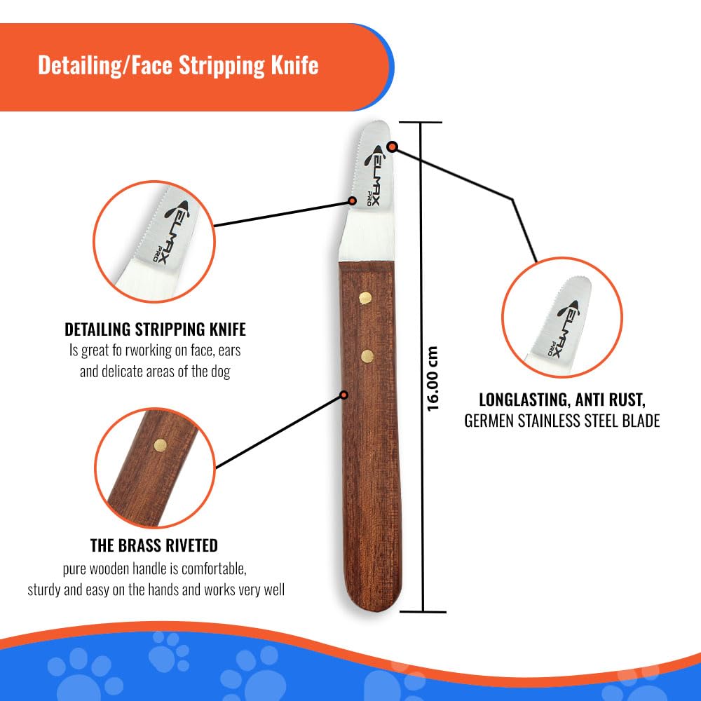 Elmax Pro Professional Slant Tooth Stripping Knife For Dogs (Pack Of 4) Stainless Steel Blades & Rosewood Handle, Efficient Unde