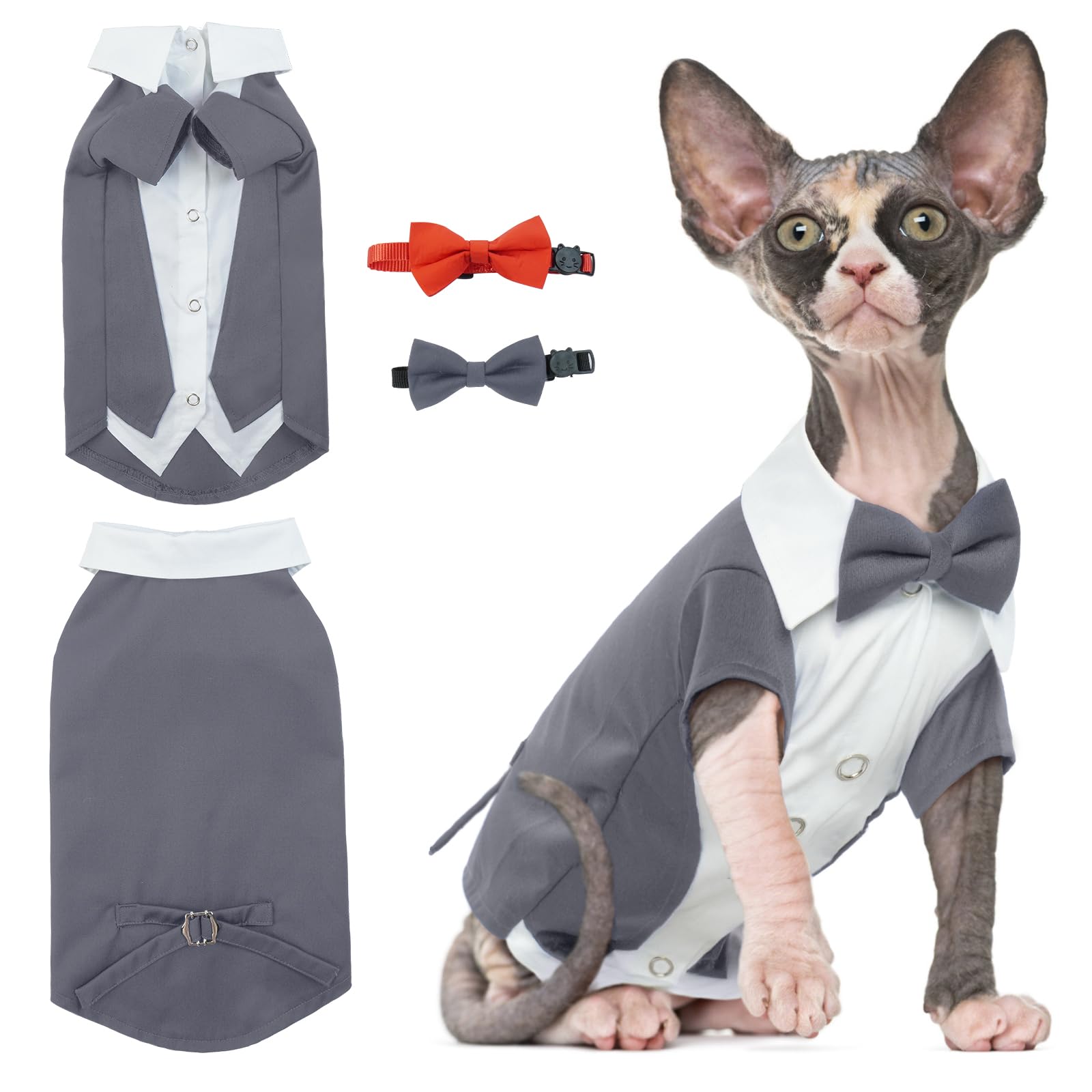 Dentrun Cat Tuxedo Suit With Two Bow Tie, Stylish Cat Shirt Formal Outfit, Hairless Cat Fashion Apparel Fancy Clothes, Kitten Fo