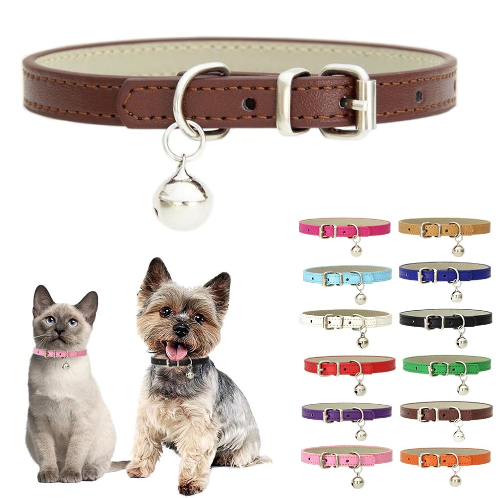 Brown Small Dog Collar With Bell,Soft Pu Leather Female Puppy Collar With Bells Basic Girls Cat Collar With Bells For Xxs Xsmall