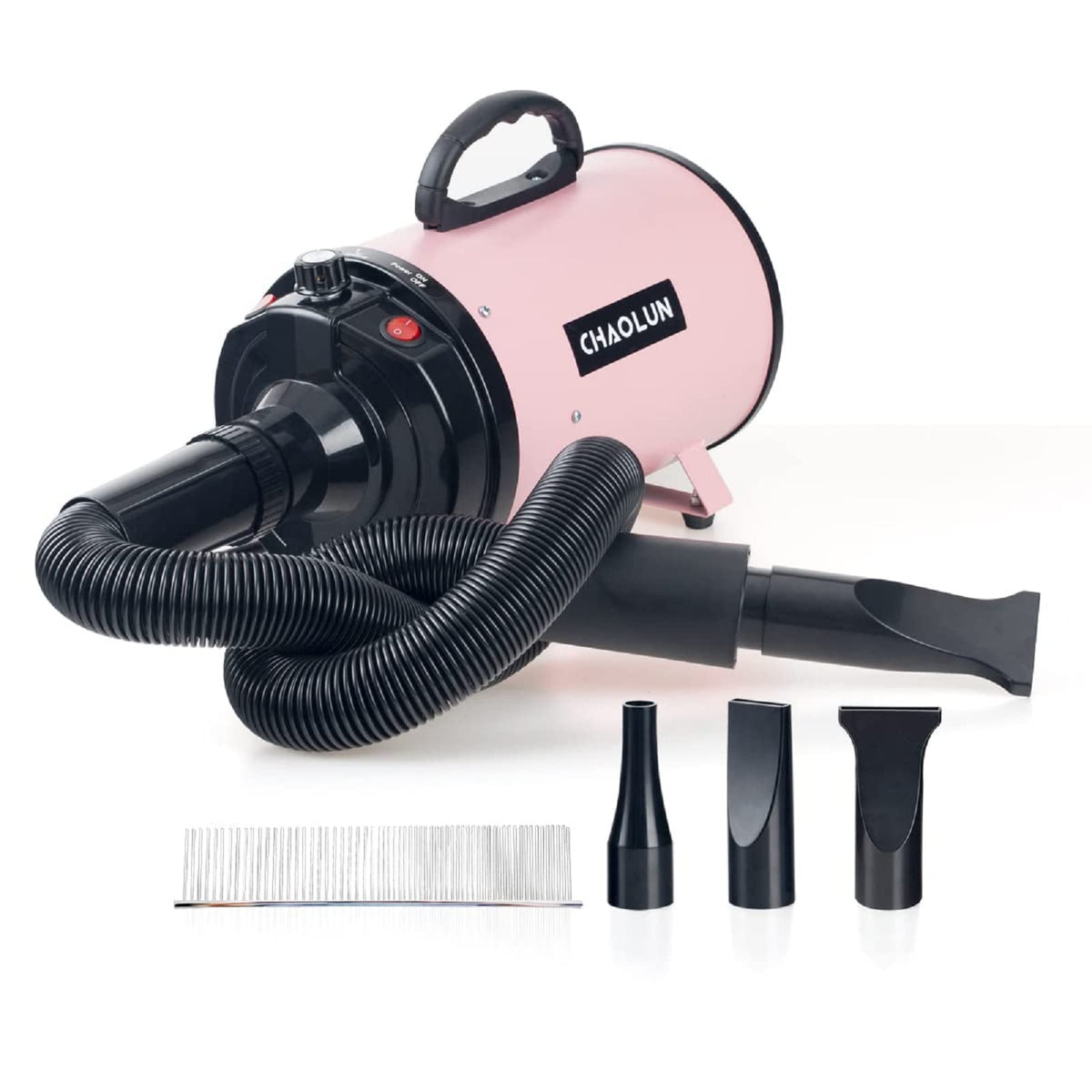 Chaolun Dog Dryer, Dog Blow Dryer, High Velocity Professional Pet Grooming Dryer, Dog Hair Dryer With Heater, Stepless Adjustable Speed, 3 Different Nozzles And A Comb, Pink