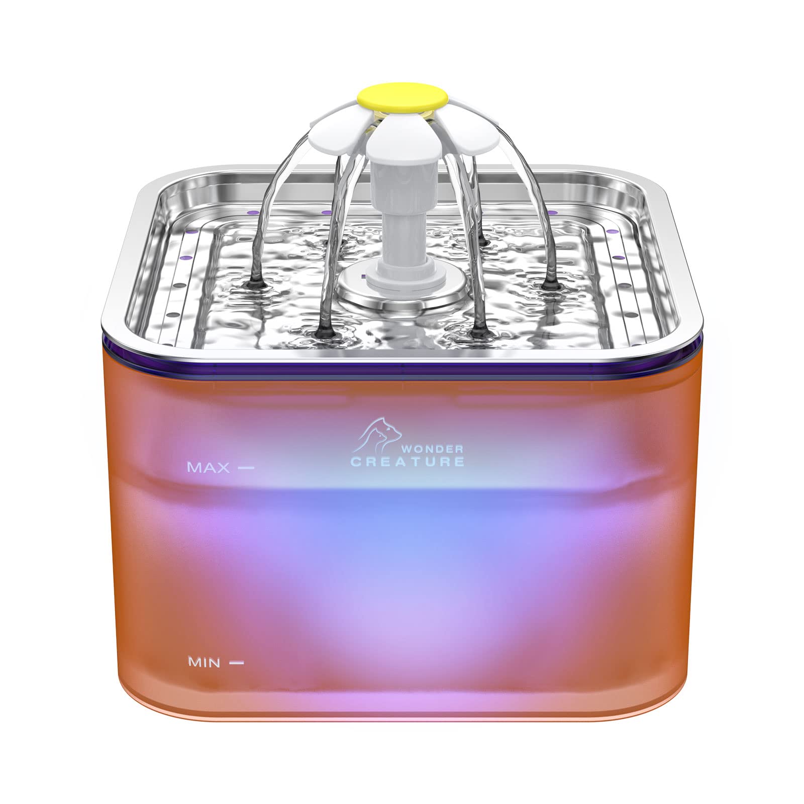 Crystal Cat Water Fountain Stainless Steel, 101oz/3L Pet Fountain with LED Light for Cats and Dogs (Orange)
