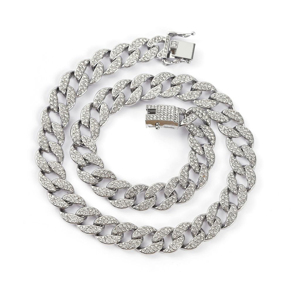 Sliver Chain For Dogs, Glitter Rhinestone Sparkly Diamond Metal Necklace Cuban Link Dog Collars For Small Medium Large Pet Dogs,