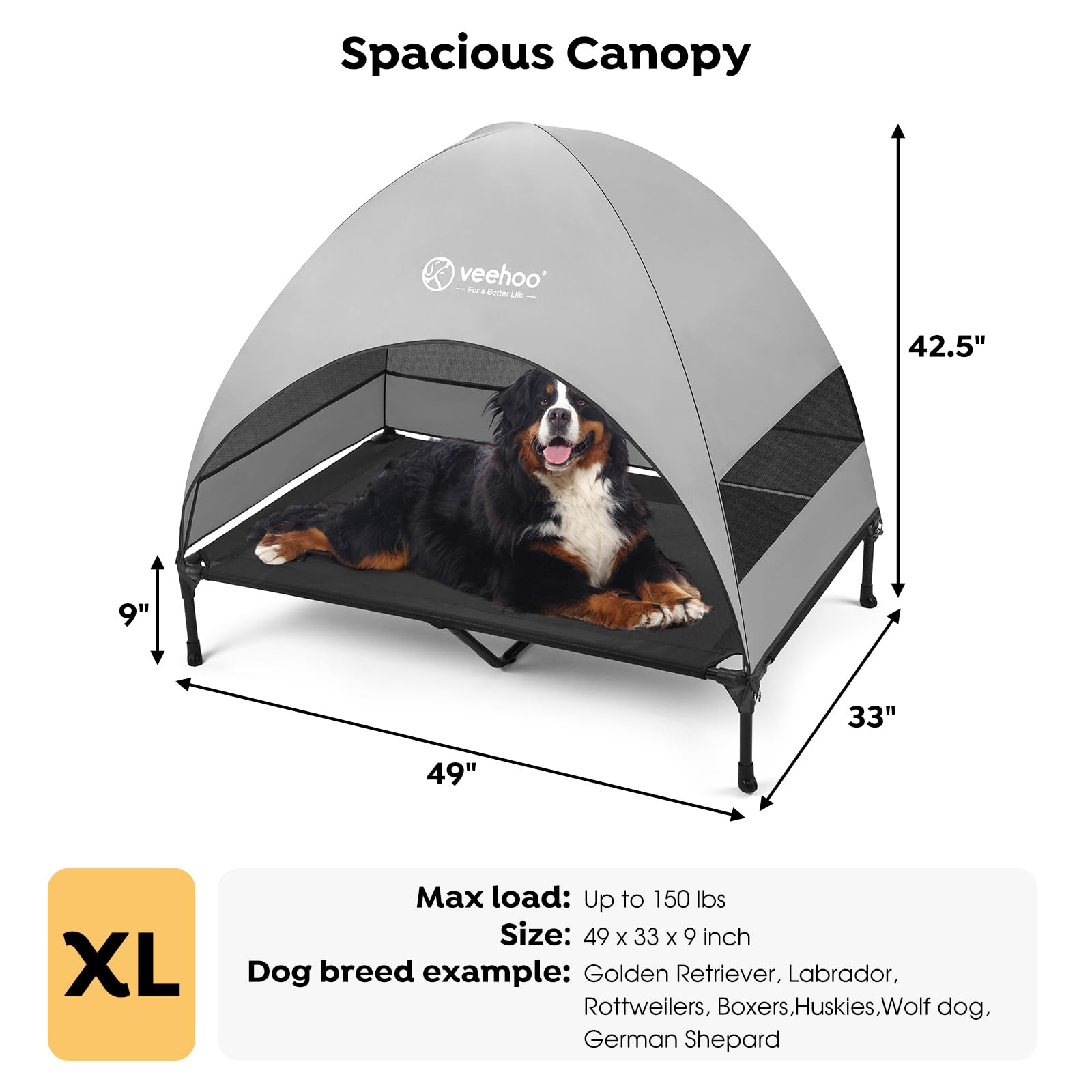 Veehoo Elevated Dog Bed with Canopy, XL 49"x33", Black/Grey, Cooling Teslin Mesh, Non-Slip Feet, Ideal for Camping & Beach