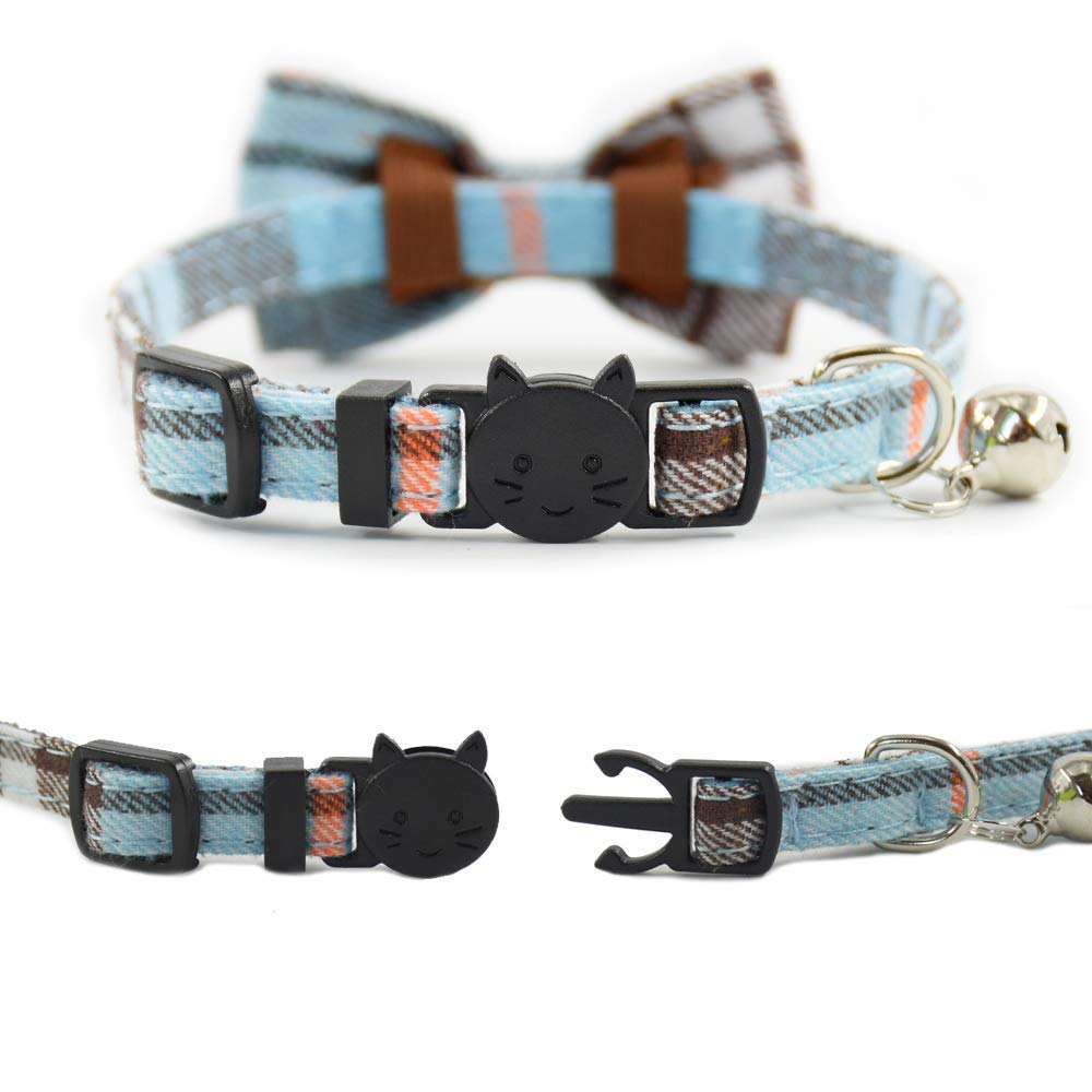 Cat Collar Breakaway With Bell And Bow Tie, Plaid Design Adjustable Safety Kitty Kitten Collars Set Of 2 Pcs (6.8-10.8In) (Green&Light Blue Brown)