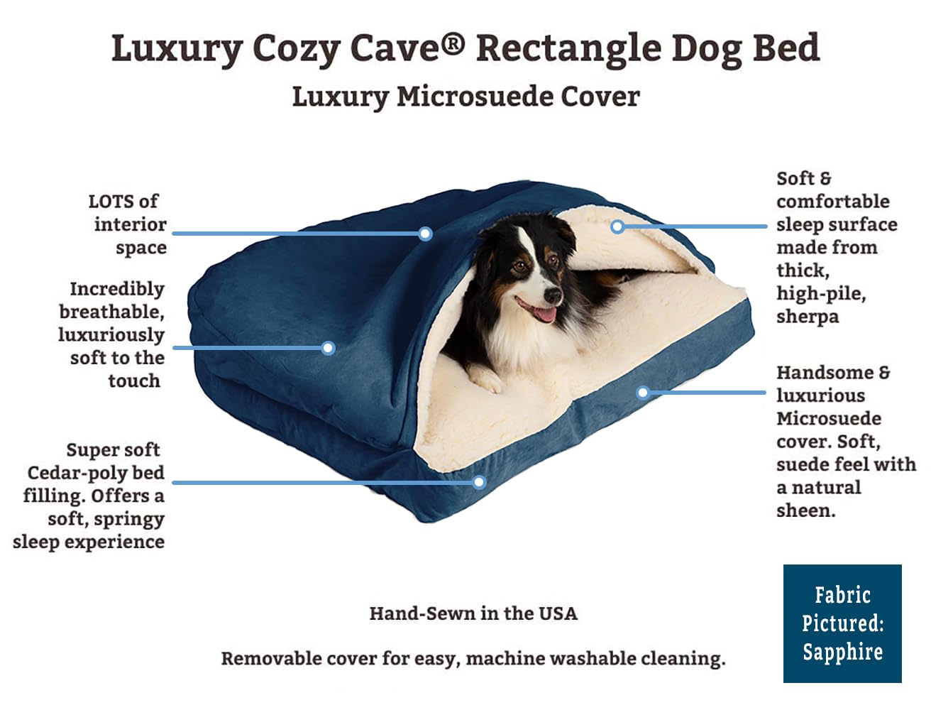 Snoozer Pet Products Luxury Rectangle Cozy Cave Dog Bed With Microsuede, Large, Sapphire