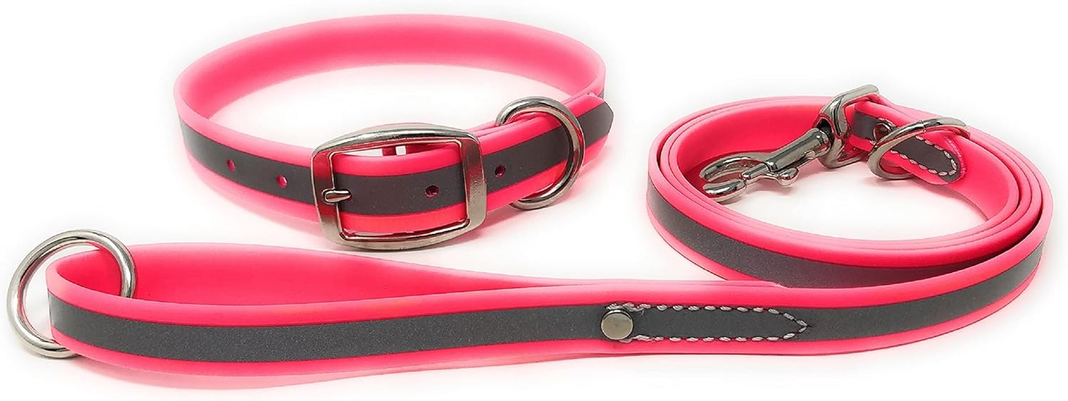 Regal Dog Products Medium Pink Reflective Dog Collar And Leash Set - Waterproof Biothane Dog Collar With Heavy Duty Double Buckl
