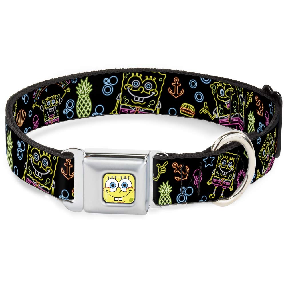 Dog Collar Seatbelt Buckle Electric Spongebob Poses Elements Black Multi Color 16 To 23 Inches 1.5 Inch Wide