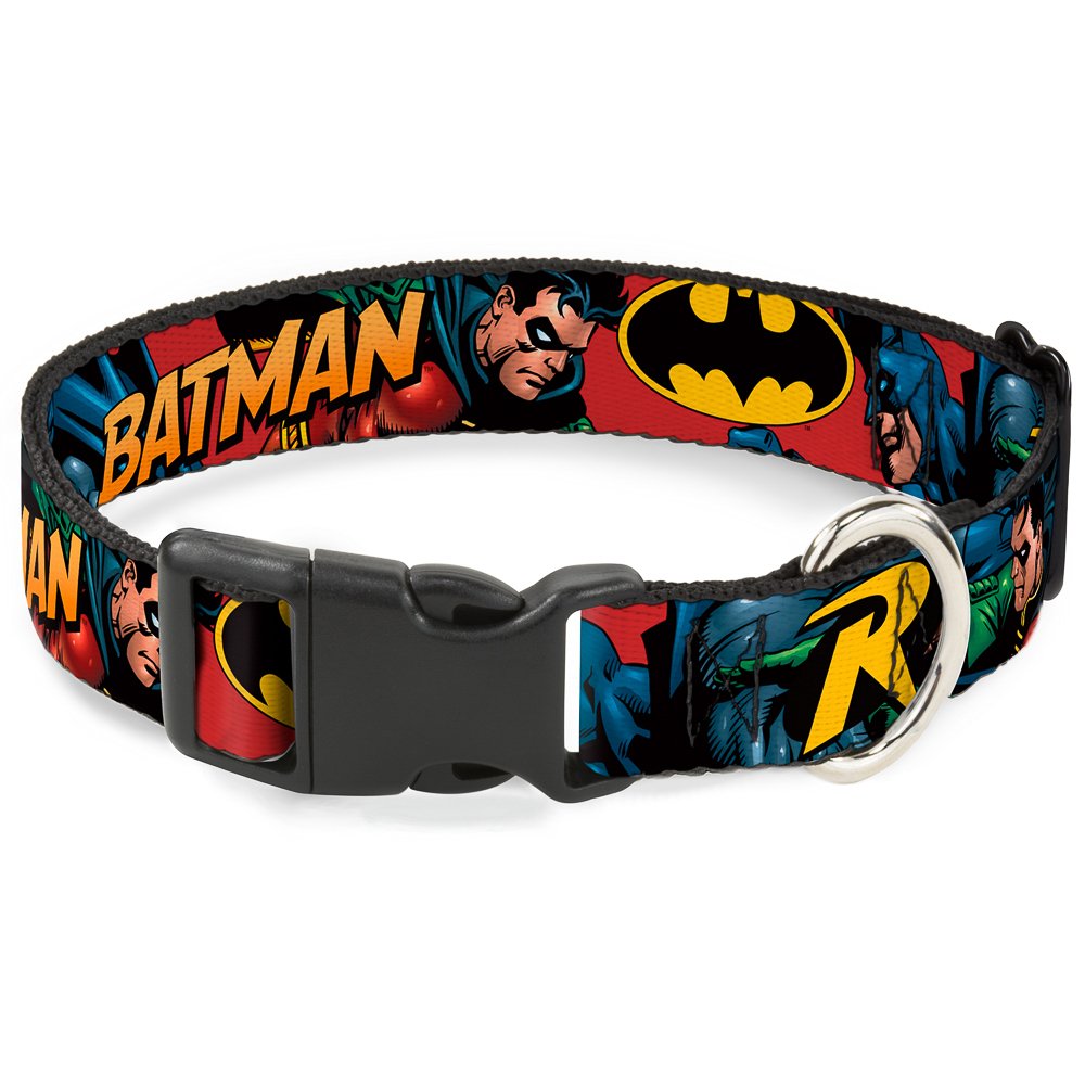 Buckle-Down 'Batman & Robin In Action With Text' Plastic Clip Collar, Burgundy, 1' Wide-Fits 9-15' Neck-Small