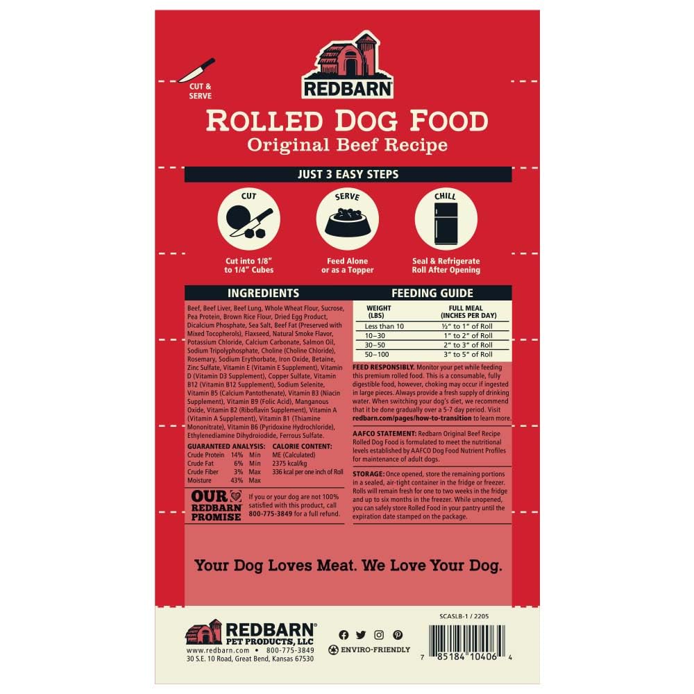 Redbarn Pet Products Premium Rolled Dog Food, Semi-Moist, Beef Recipe - High Protein Full Feed, Topper, Training Treat, or Pill