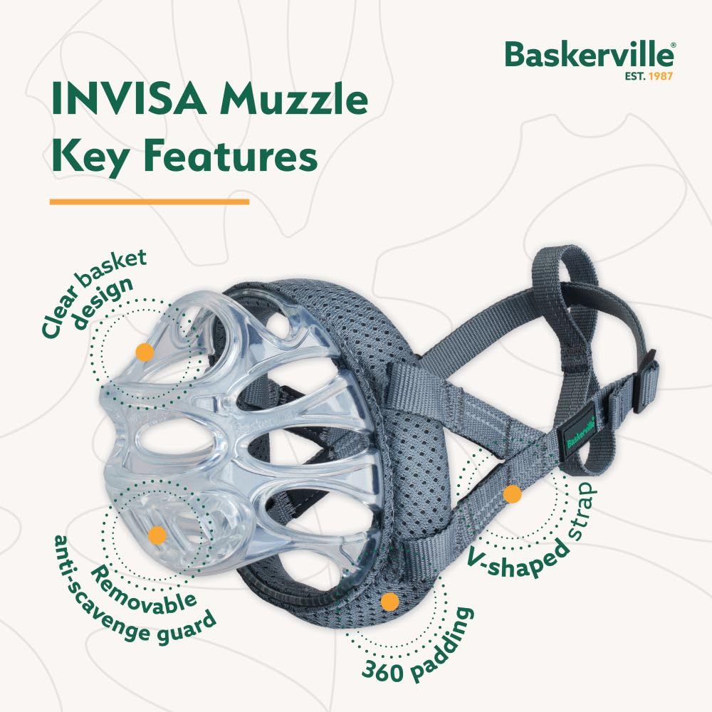 Baskerville INVISA Basket Dog Muzzle - Patented Humane Design with Facial Visibility, Padded Nose Band, Dog can Pant and Drink,