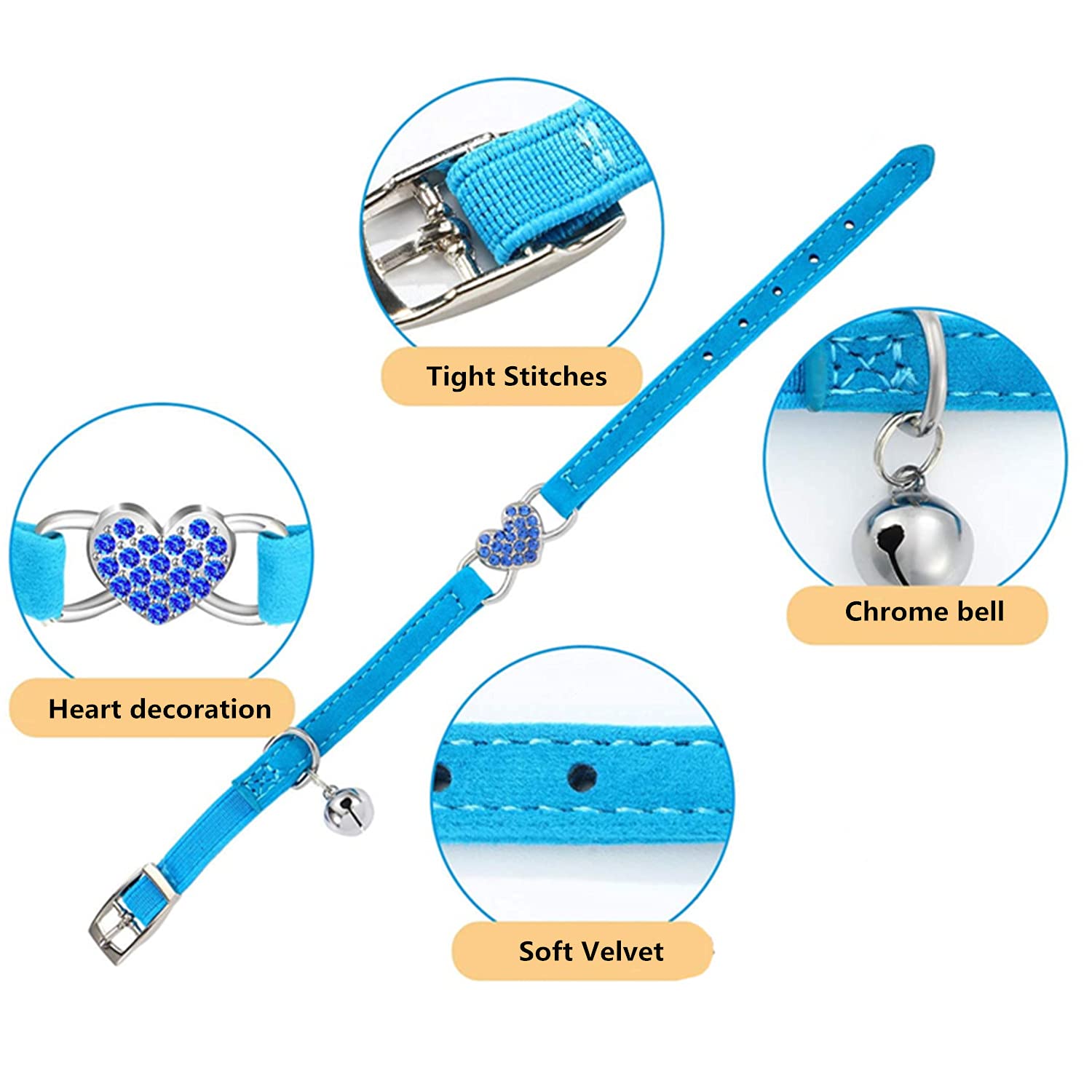 Wdpaws Heart Bling Cat Collar With Safety Belt And Bell Adjustable 8-10 Inches For Kitten Cats (Blue)