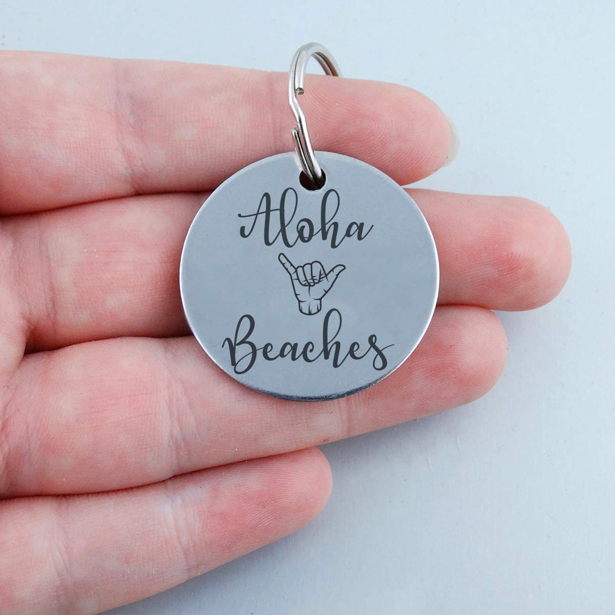 Aloha Beaches With Hang Loose Symbol Personalized Pet Id Tag - 30Mm Double Sided Laser Engraved For Dog Or Cat