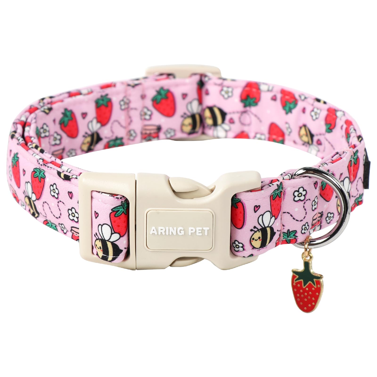 Aring Pet Summer Dog Collar-Cute Pink Dog Collar For Small Dogs, Adjustable Strawberry Bees Print Pet Collars Puppy Collar For S