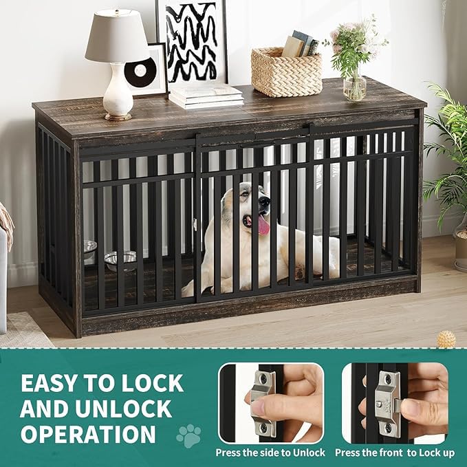 YITAHOME 55 Inch Large Dog Crate Furniture, Heavy Duty Wooden Dog Crate TV Stand with 2 Dog Bowls, Metal Dog Kennel Indoor Furni