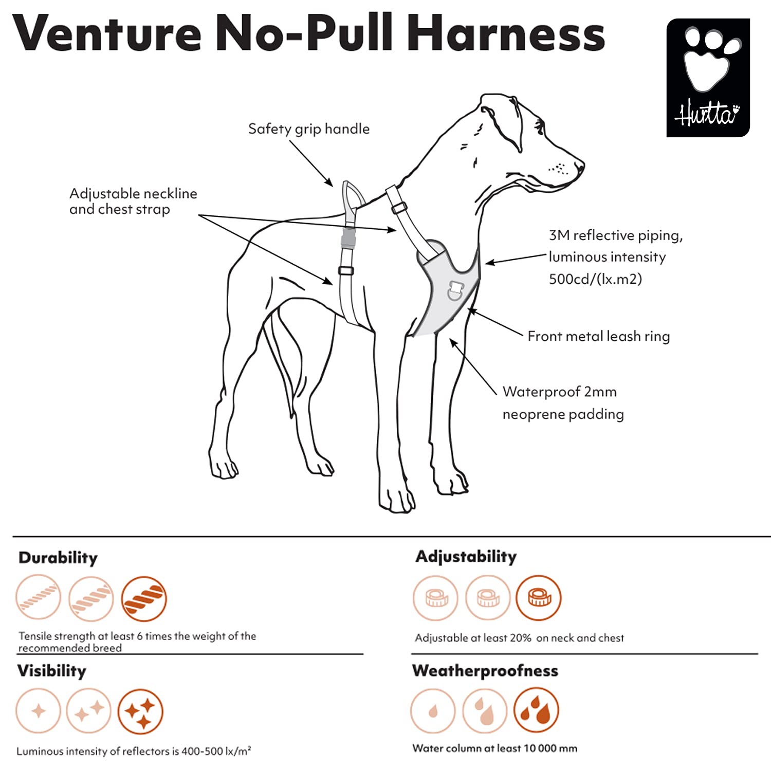 Hurtta Venture No-Pull Harness, Shadow, 18-24 In