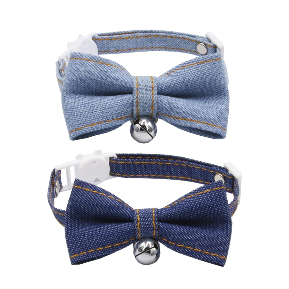 Icicecream Breakaway Cat Collar With Bow Tie And Bell, Fashionable Denim Patterns, Detachable Adjustable Safety Collars For Girl Boy Male Female Cats Kitten & Small Dogs 2 Pack