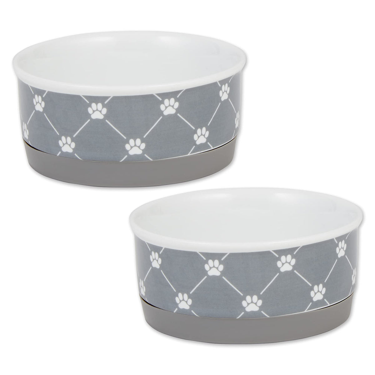 Bone Dry Trellis Paw Print Pet Bowl Set Microwave & Dishwasher Safe, Non-Slip Silicone Bottom for Less Mess, Small 4.25x2, Gray, 2 Count