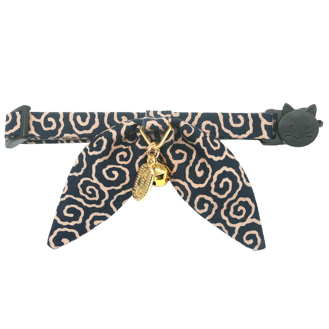 Petsokoo Bunny Ears Cat Collar, Japan Lucky ‘開三運’ Charm. Safety Breakaway Bowtie Kitten Collar With Bell, Navy Blue