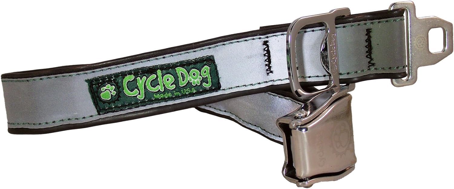 Cycle Dog Bottle Opener Recycled Dog Collar With Seatbelt Metal Buckle, Silver Max Reflective, Large