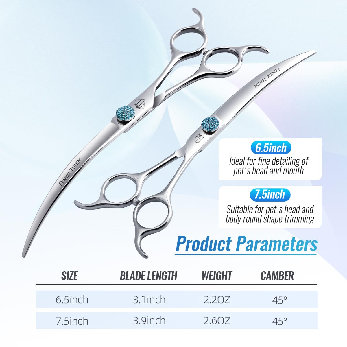 Fenice Professional Grooming Curved Shear: 45 Degree Super Curves Scissors For Dogs 7.5'' Big Arc Curved Shears Made Of Japanese