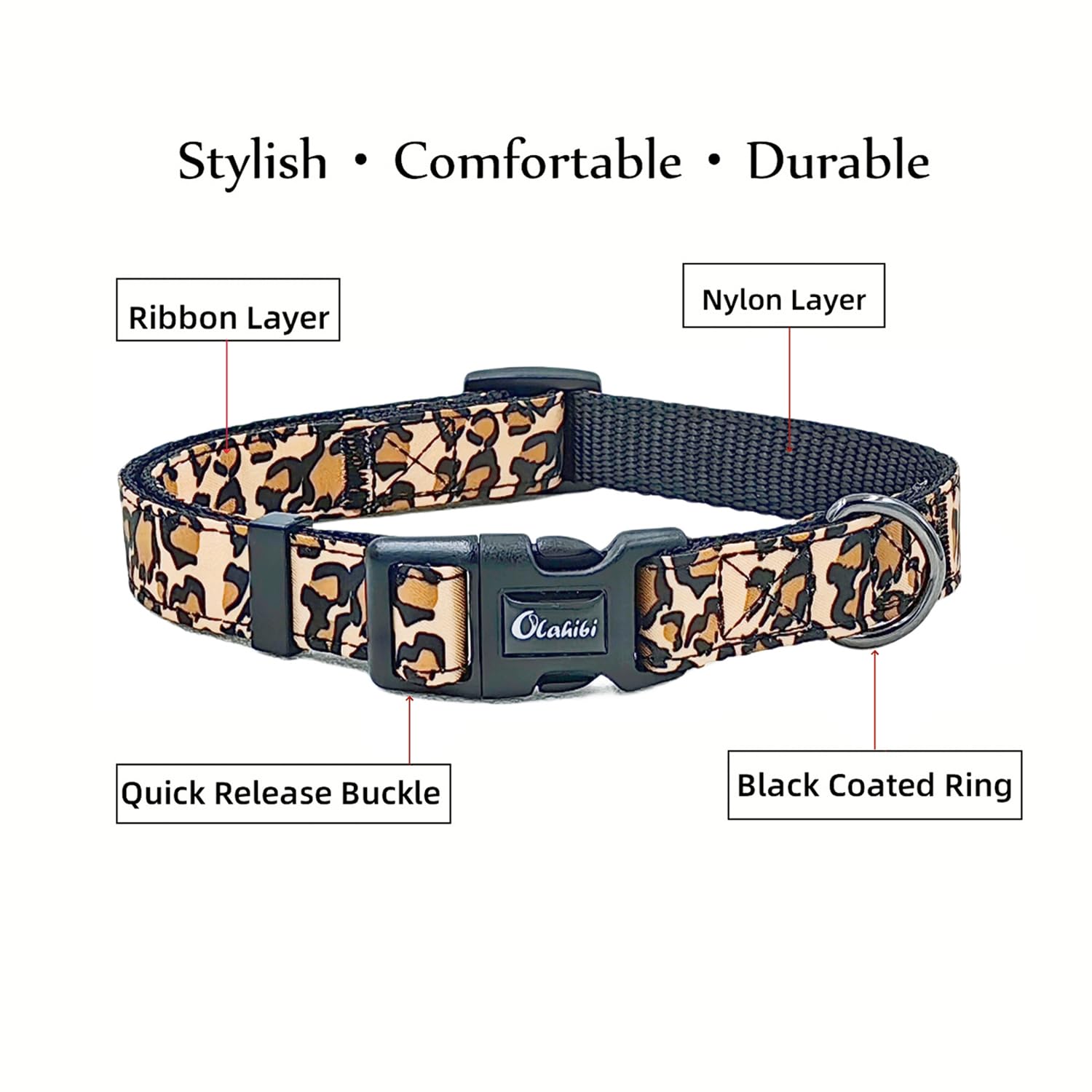 Olahibi Dog Collar Leash Set, Leopard Pattern, Nylon Webbing Plus Cotton Ribbon, 5Ft Matching Leash, For Medium Dogs.(M, Brown L