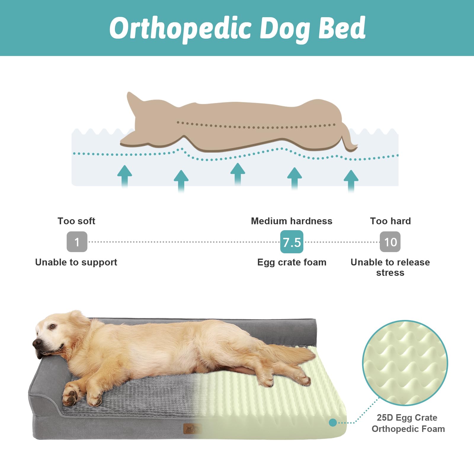 COZY KISS Orthopedic Dog Bed, Large Foam Bolster Sofa, Waterproof, Anti-Slip, 42x30x7.5 in, Grey