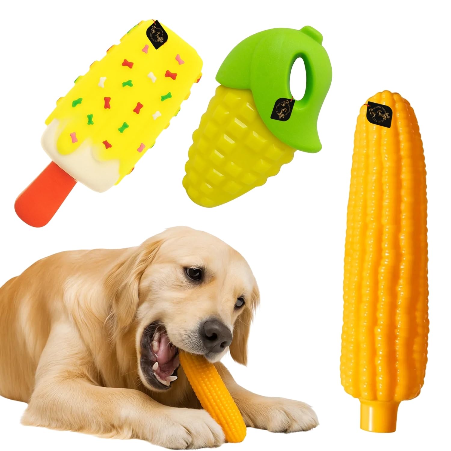 Toy Truffle Squeaky Dog Toy Combo | Long Corn + Corn Rubber + Ice Cream Bone | Durable Soft Rubber Squeak Toys for Pets | Chew, 