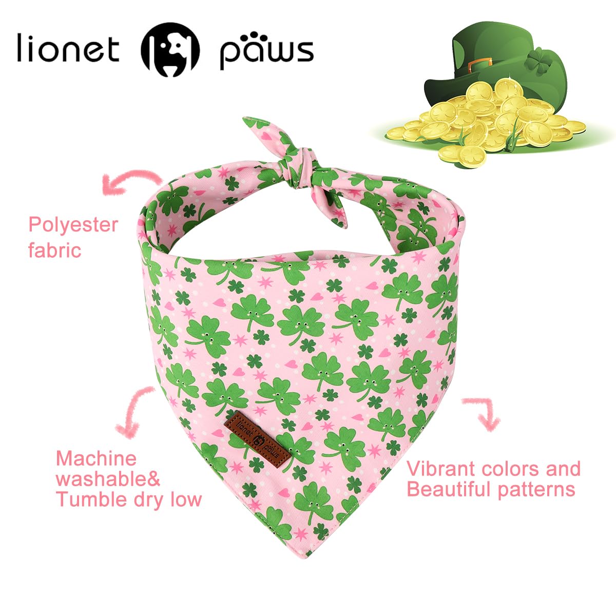 Lionet Paws St. Patrick 2Pcs Dog Bandanas, Green Clover Dog Scarf Bib Premium Fabric, Happy St. Patrick Pink Bandanas For Small