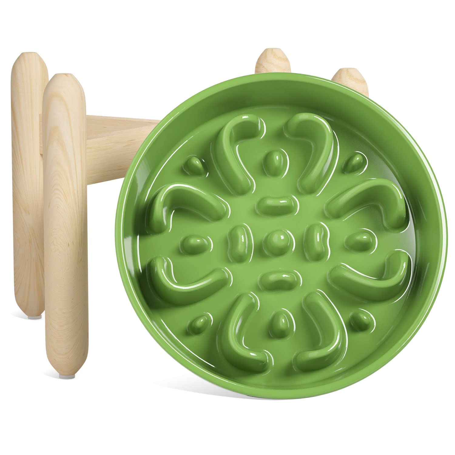 LE TAUCI Ceramic Slow Feeder Dog Bowls Elevated, 3 Cup Raised Bowl with Wooden Stand for Medium Large Breed, Slow Down Eating, P
