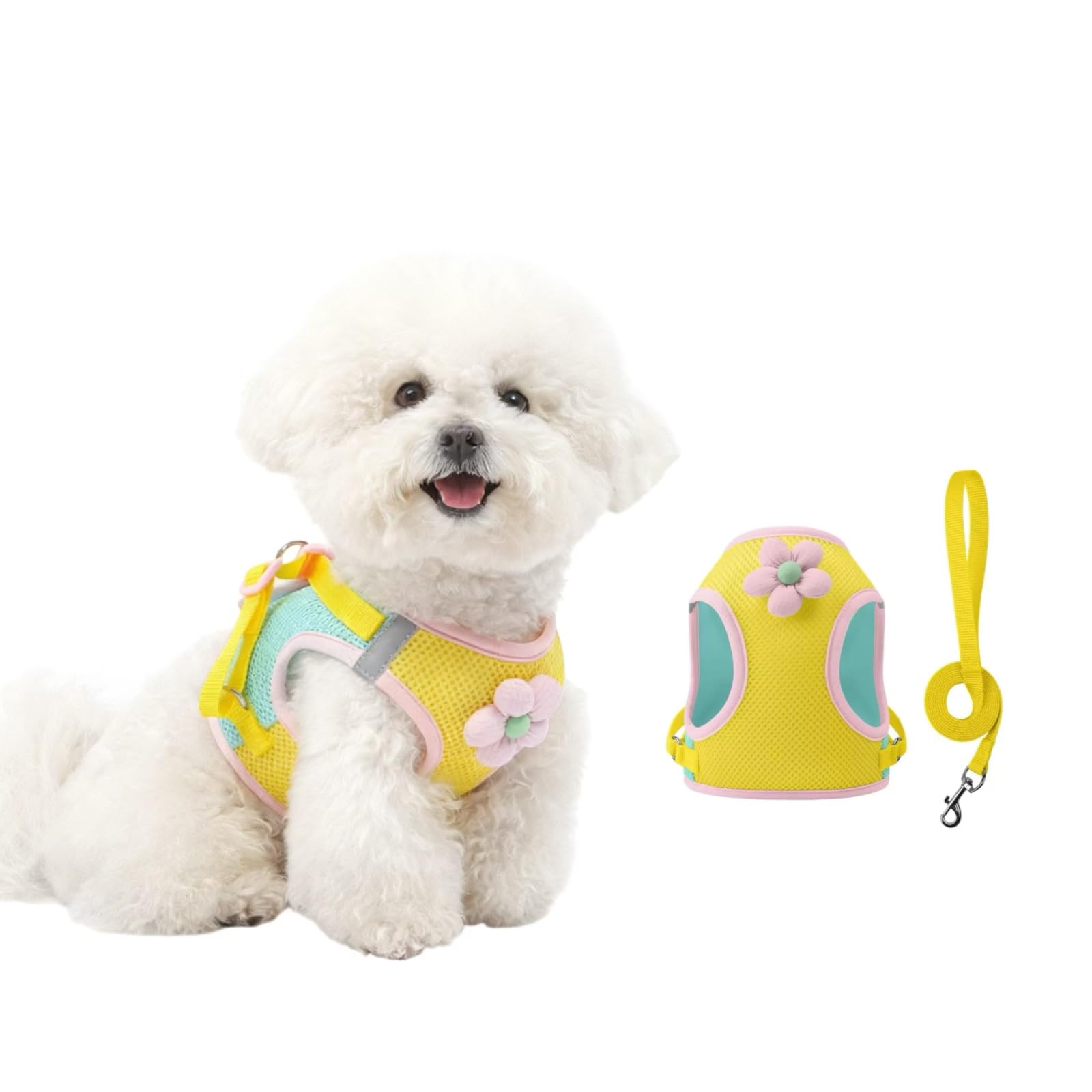 Floral Mesh Dog Harness with Matching Leash, Lightweight Pet Vest, Suitable for Small and Medium-Sized Cats and Dogs to Wear,Pin