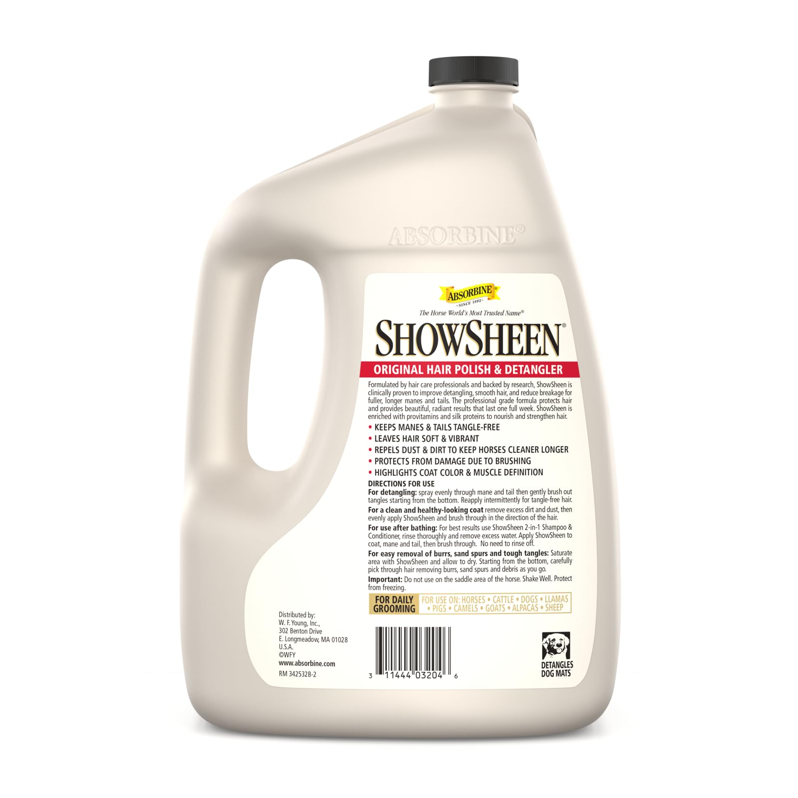 Absorbine Showsheen Hair Polish & Detangler 128Oz Refill Jug, Horse And Dog Coat, Mane And Tail, Instant Detangling & Reduces Ha