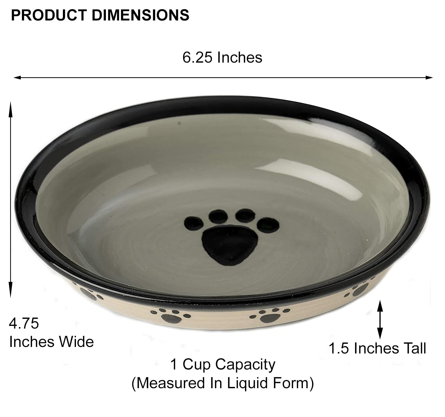 Petrageous 44247 Oval Metro Paws Stoneware Cat Bowl 6.25-Inch Wide And 1.5-Inch Tall Saucer With 1-Cup Capacity And Dishwasher And Microwave Safe For Small Dogs And Cats, Multicolored,Black
