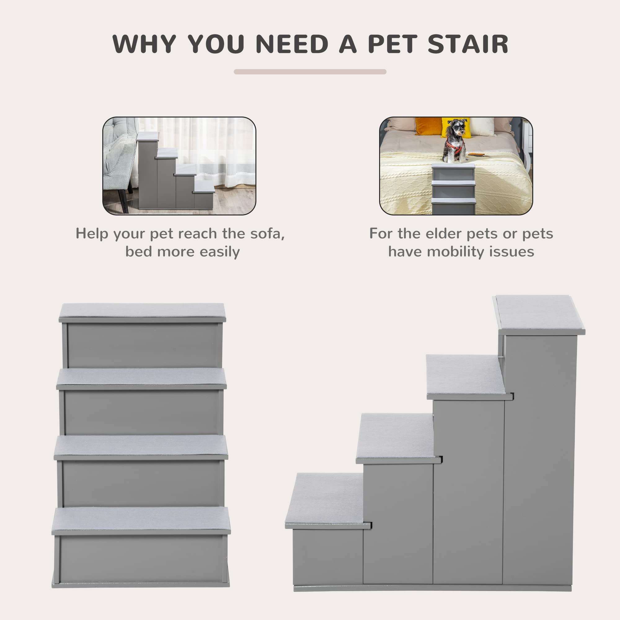 PawHut 4 Step Wooden Cushioned Pet Stairs Ramp Steps for Dogs, Cat Ladder for Bed Couch with Non-Slip Carpet, 40 x 59 x 54.2 cm,
