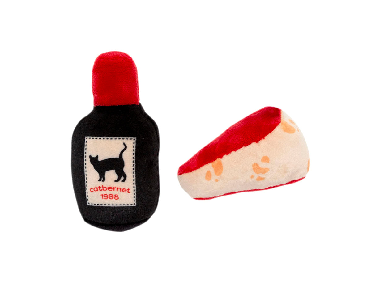 Pearhead Pet Cheese And Wine Plush Cat Toys, Set Of 2, Wine And Cheese Catnip Toys, Crinkle Cat Toys, Cat Owner Valentine'S Day Keepsake