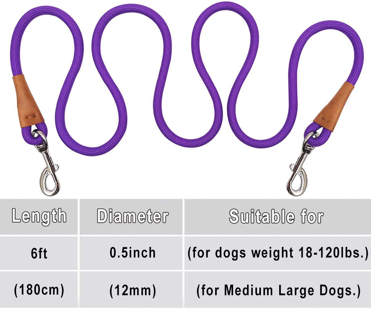 Yucforen 6 Foot Dog Tie Out Rope Leash, Heavy Duty Climbing Nylon Basic Leash For Camping, Indoor, Outdoor And Front Yard Purple