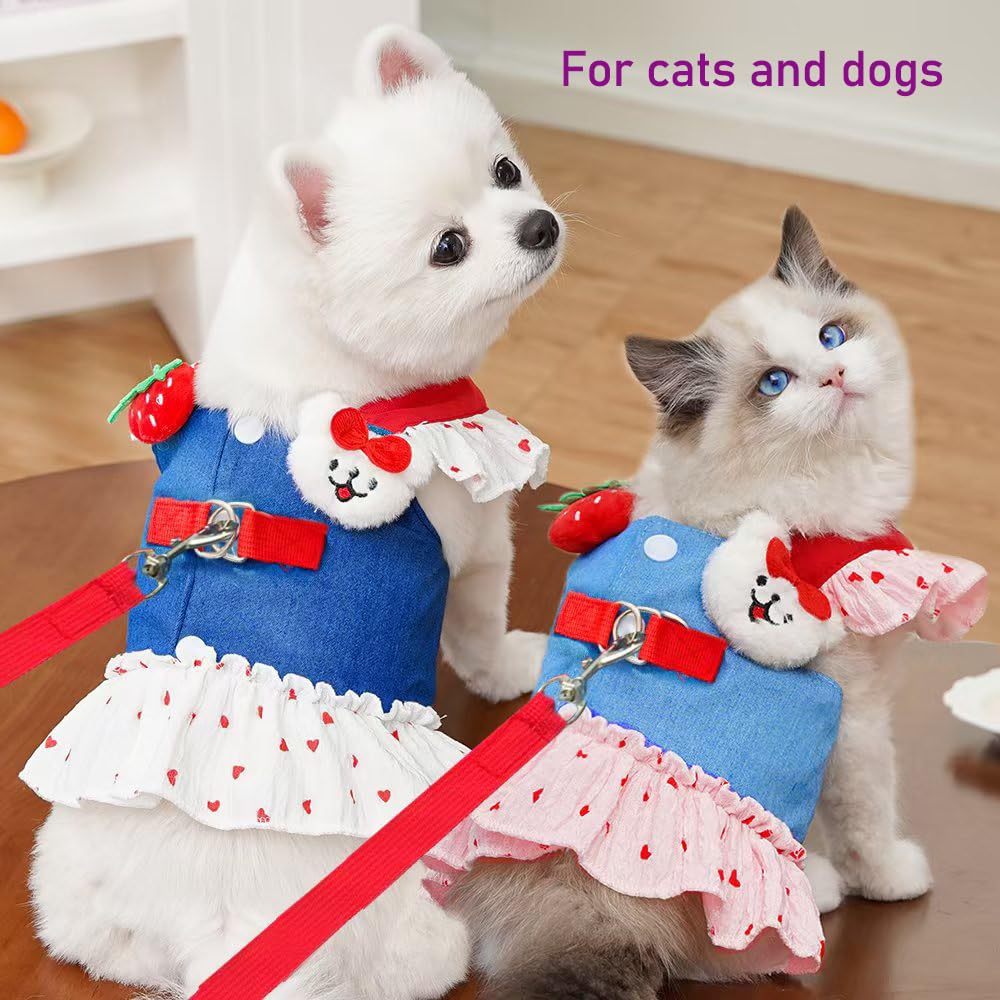 Aniac Denim Dog Dress Harness With Leash Set Cute Small Dogs Clothes Girl Heart Patterns Puppy Dresses Breathable Mesh Cat Harne