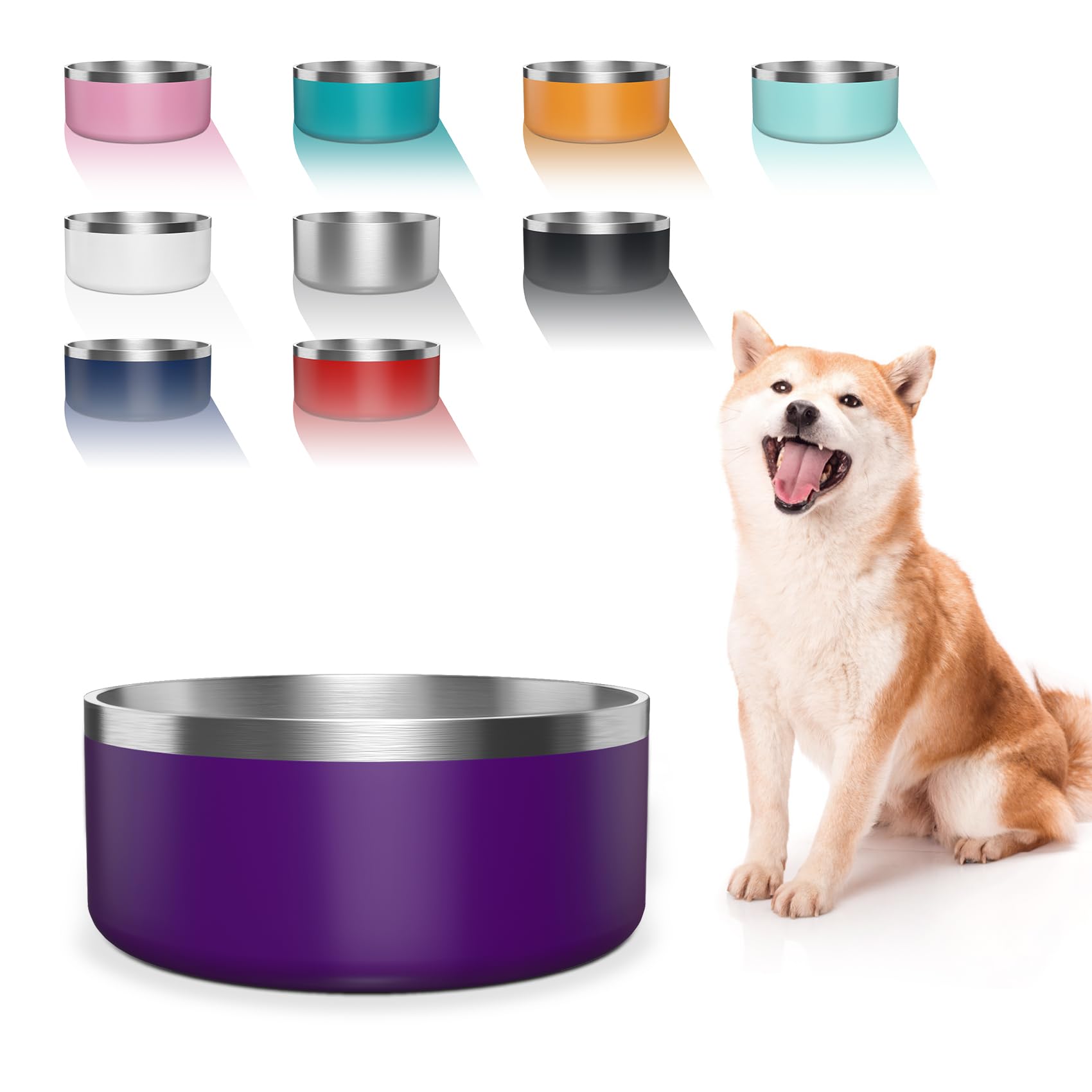 WENBOKMIN Dog Bowl, Stainless Steel Dog Food and Water Bowl with Non Slip Quiet Bottom, Easy to Clean, Dishwasher Safe, 64oz, Pu