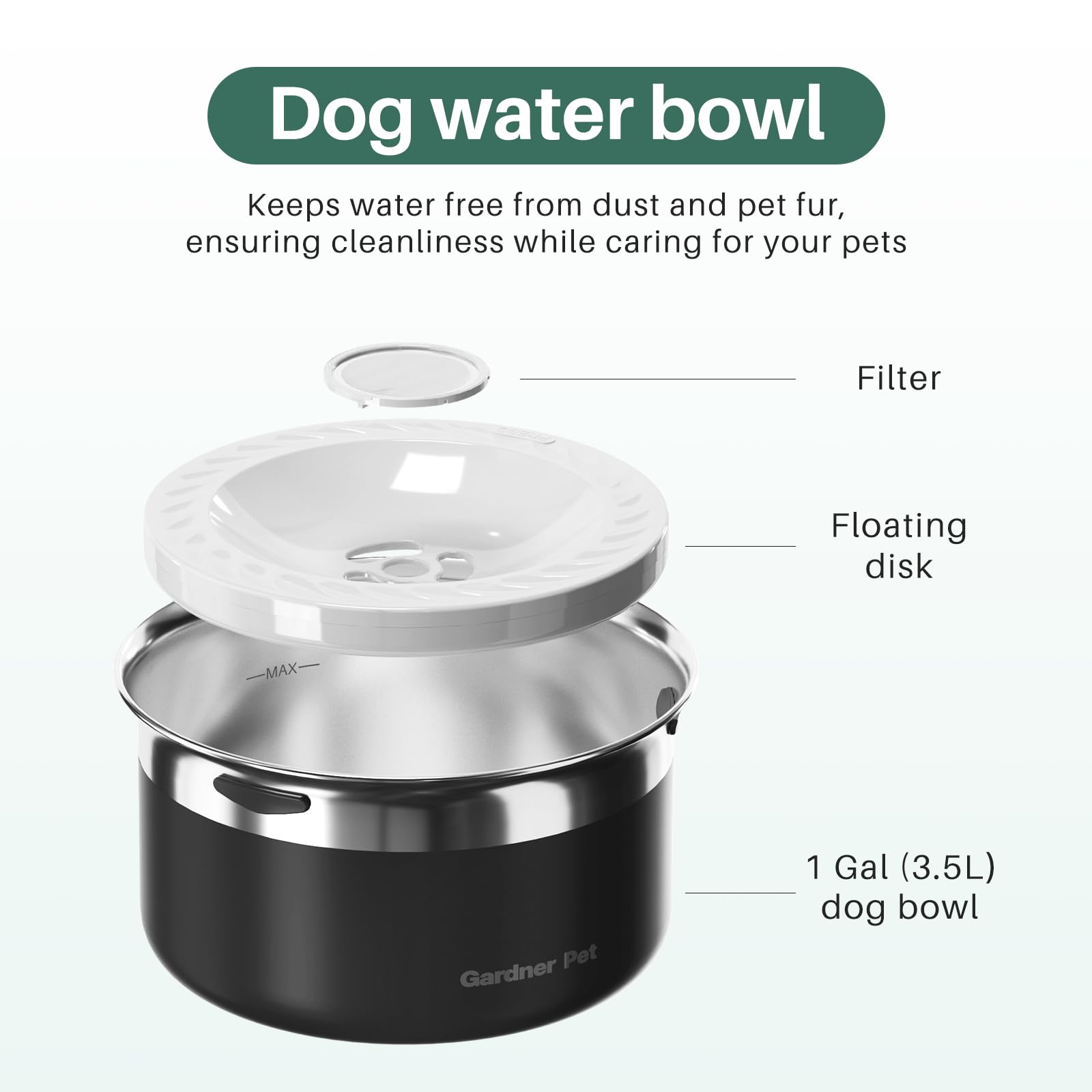Gardner Pet Dog Bowls 1 Gallon (3.85L) Stainless Steel No Spill Dog Water Bowl, Slow Water Feeder Metal Bowls, Spill Proof Water