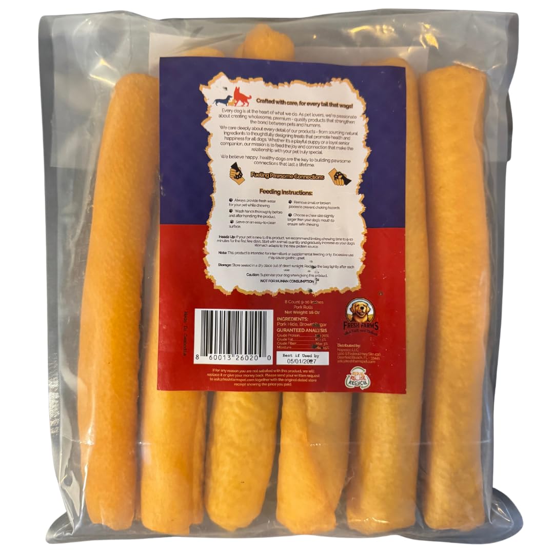 Fresh Farms 6 Pack 10-Inch Pork Skin Rolls - Natural Dog Chews for Medium and Large Dogs - Long Lasting, Raw Hide Free, Highly D