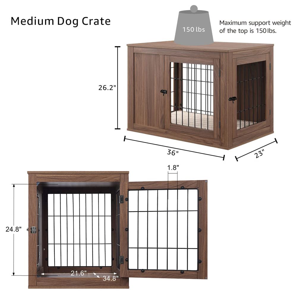 unipaws Dog Crate End Table - Wooden Wire Kennel, Medium Size 36"L x 23"W x 26.2"H, Walnut Finish, Double Doors, Indoor Use